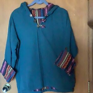 Teal Hooded Jacket with Multicolor Accents